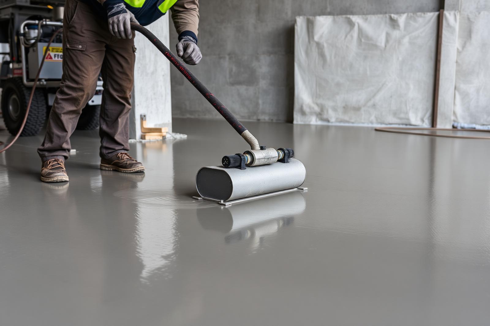Concrete finisher using a bull float on a large freshly poured concrete slab