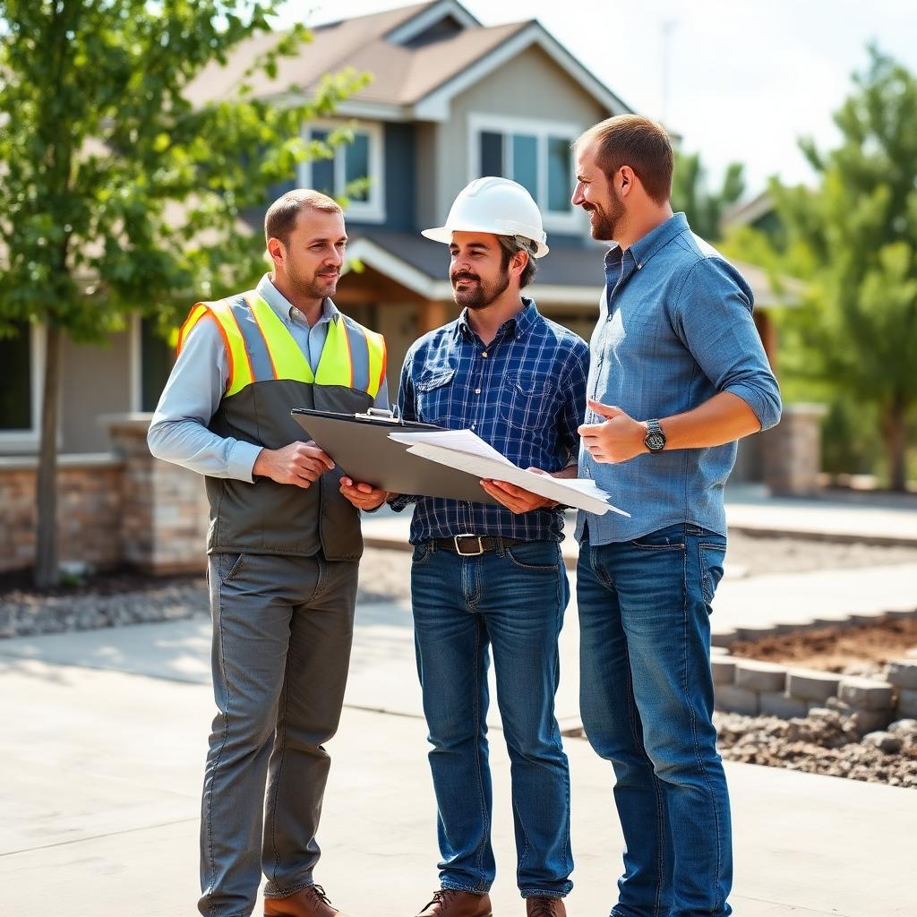 Concrete contractor showing project plans to a homeowner client on a driveway