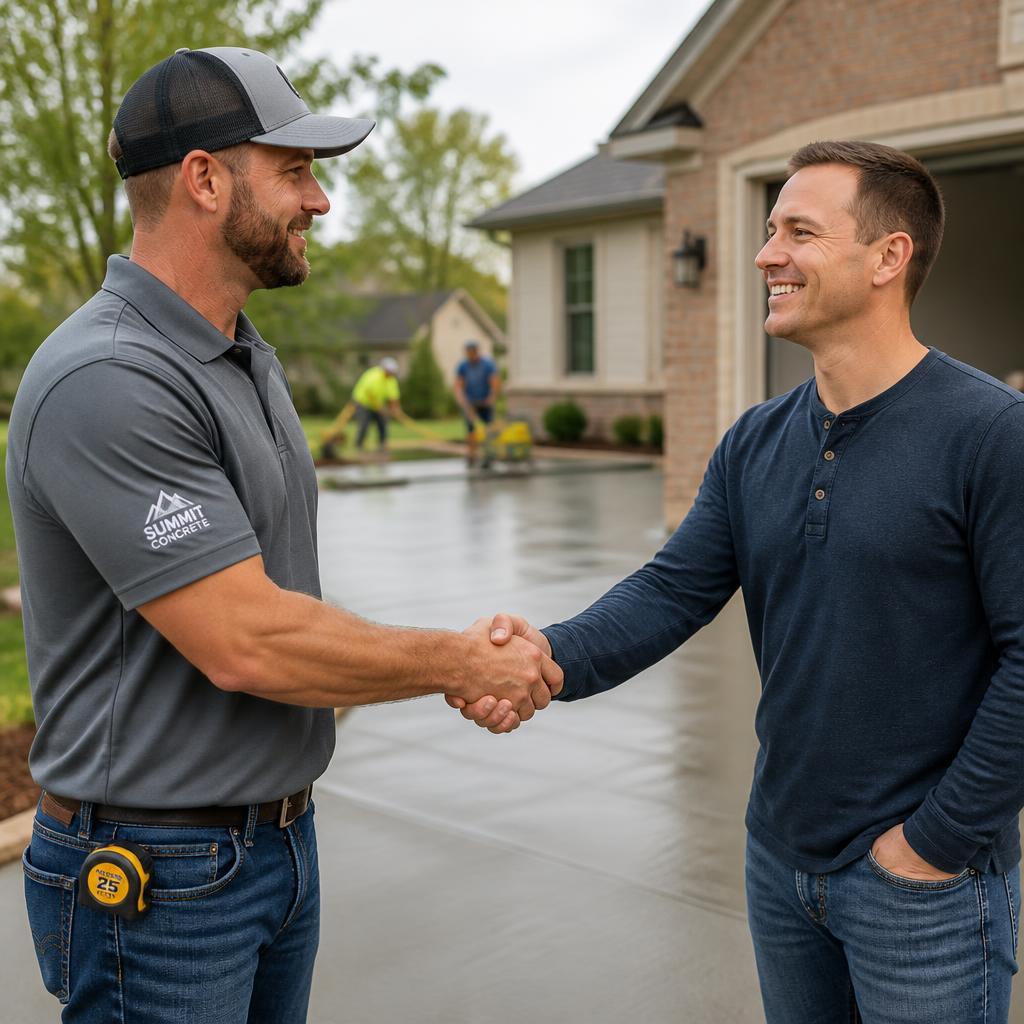 Concrete contractor in an orange safety vest shaking hands with a homeowner in a residential driveway