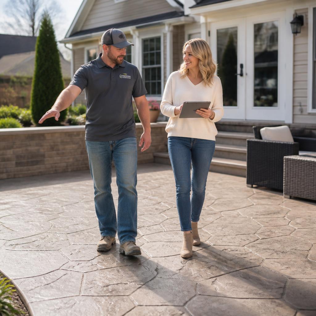 Concrete contractor reviewing a completed driveway with a satisfied homeowner customer