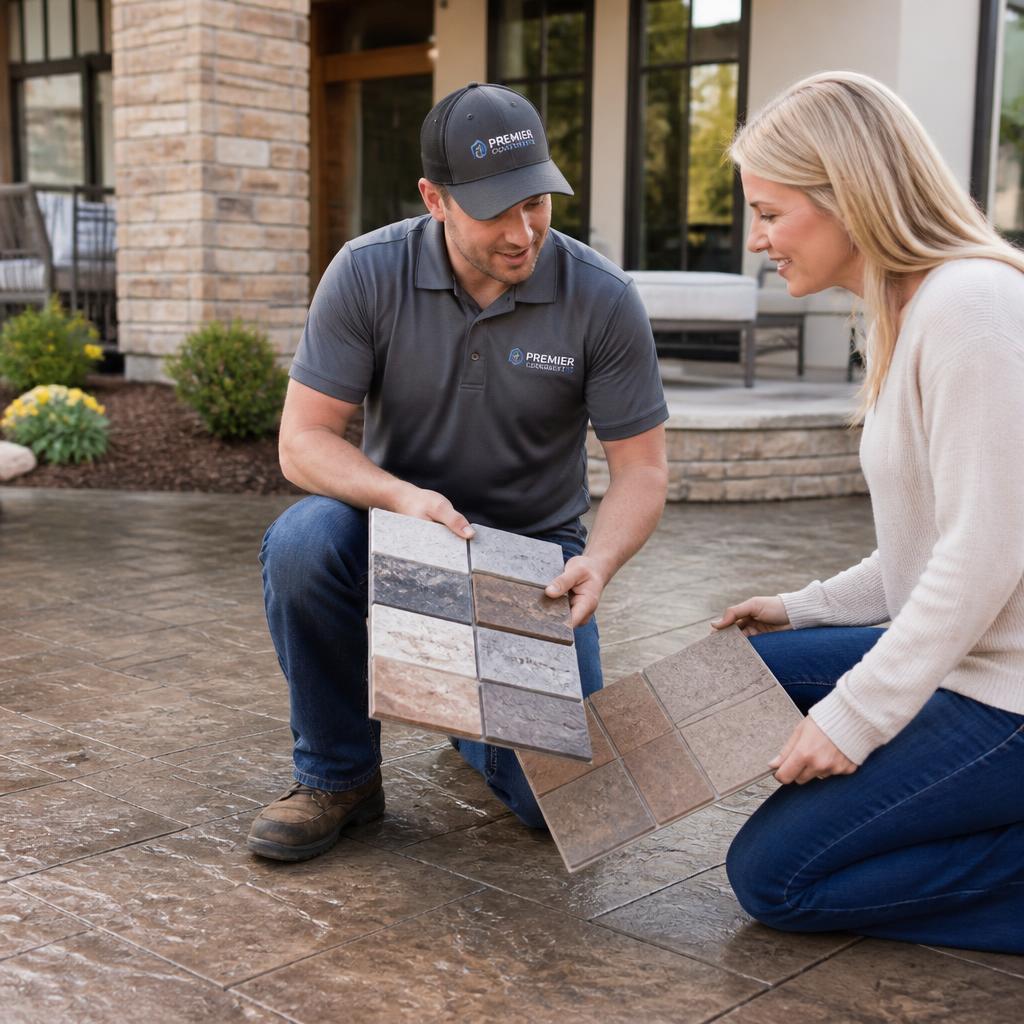 Concrete contractor showing stamped concrete color and pattern samples to a homeowner