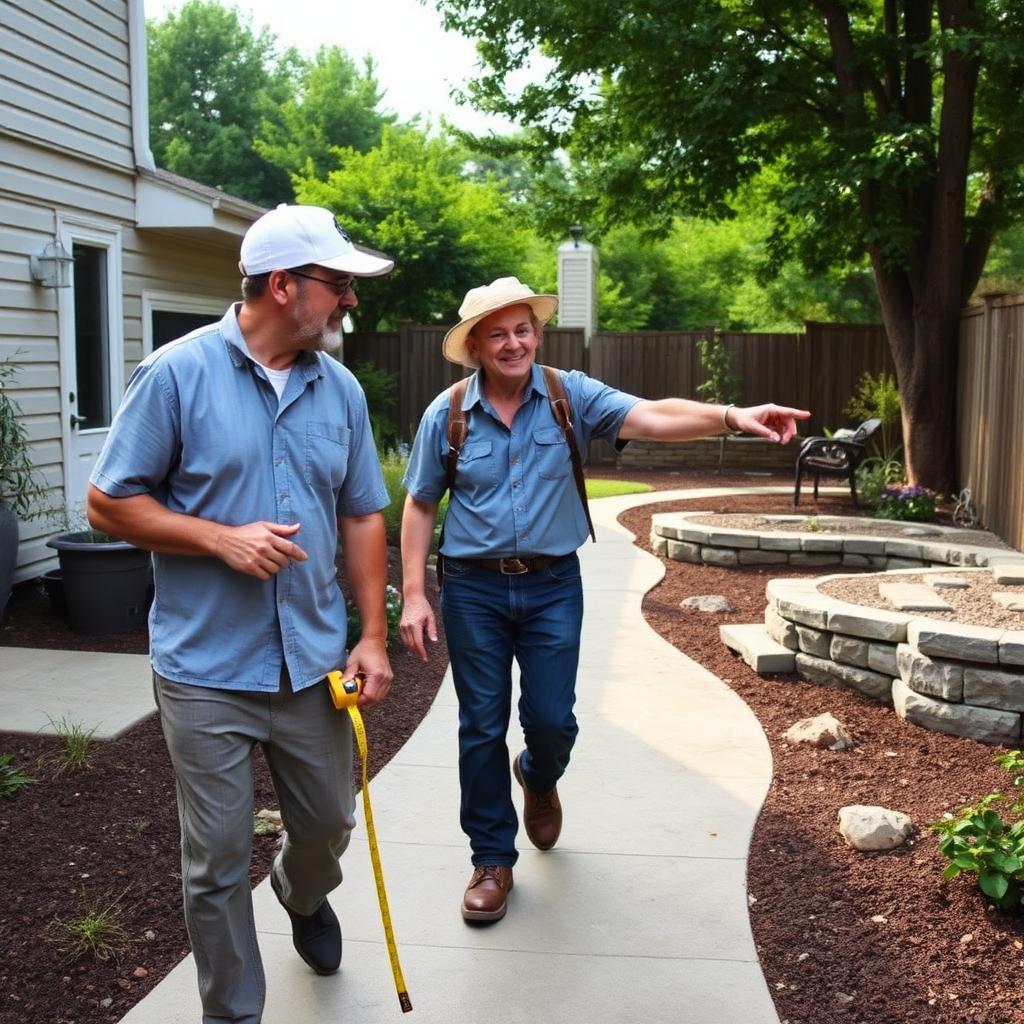 Concrete contractor walking through a backyard with a homeowner discussing a proposed patio