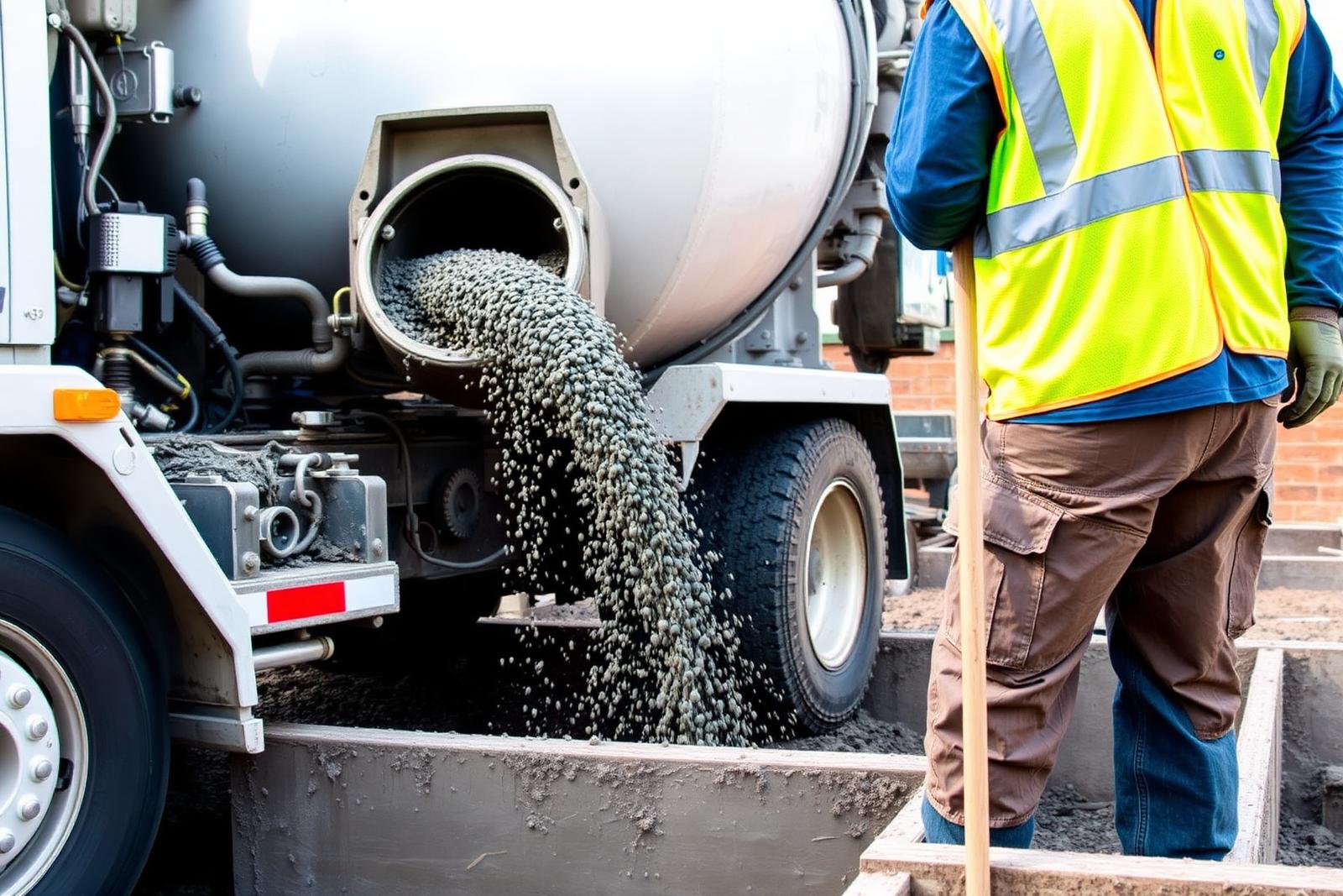 Concrete worker in high-visibility yellow vest directing a mixer truck pour on a foundation job