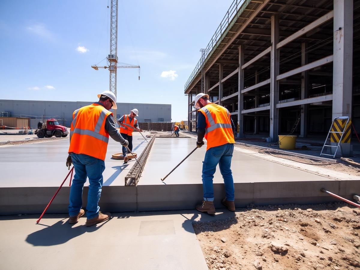 Concrete crew in orange vests pouring a large commercial concrete slab