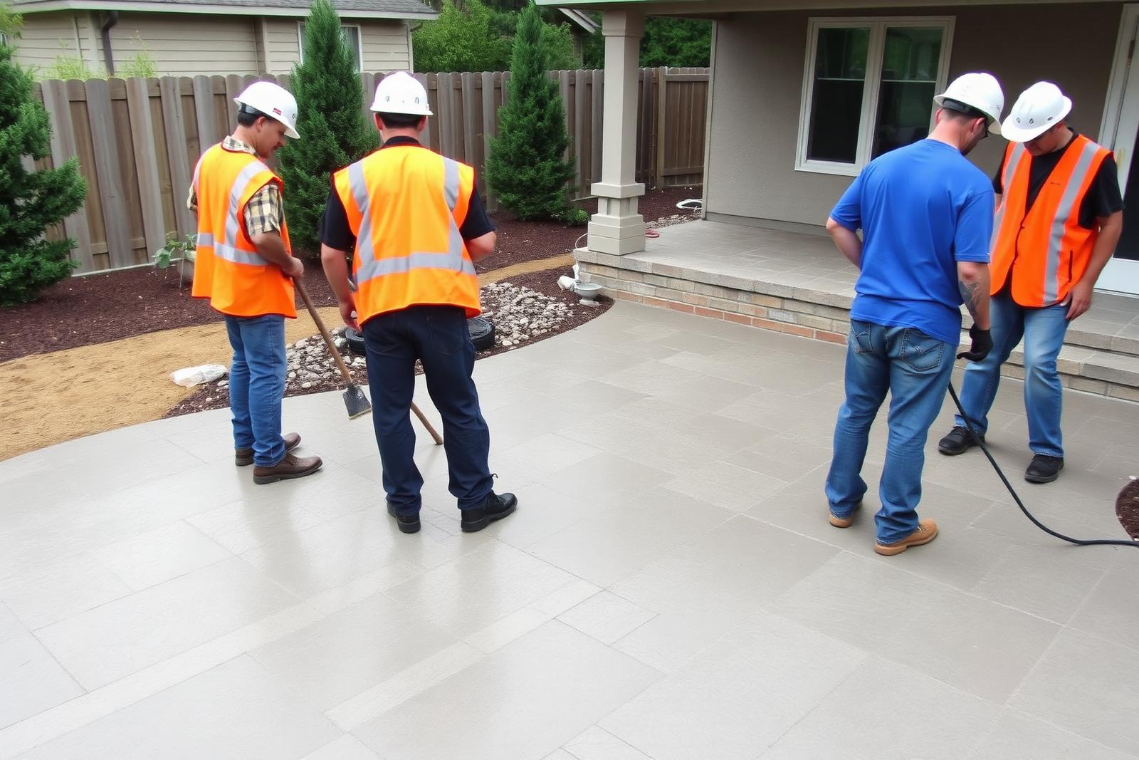 Concrete crew installing a stamped decorative patio