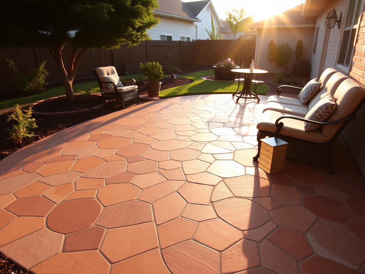 Decorative stamped concrete patio in a residential backyard
